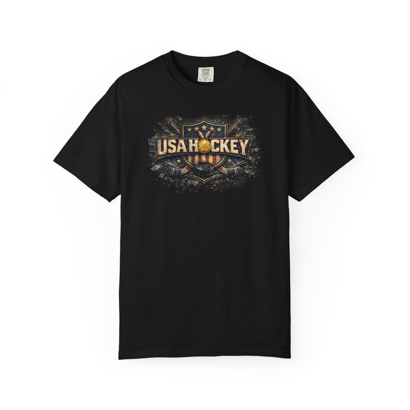 Michigan Connection Hockey Gold T-Shirt | Vintage Milan 2020 Design | Garment-Dyed Cotton | Liberty & Victory
