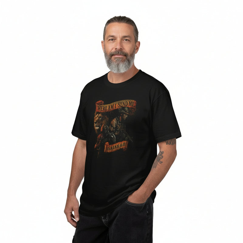 T-Shirt — "Here I Am, Send Me" Isaiah 6:8 Christian Faith Graphic Tee
