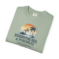 Christian Beach T-Shirt | Parrotheads & Parables Retro Palm Cross Sunset Garment-Dyed Tee | Salt & Salvation | Liberty & Victory