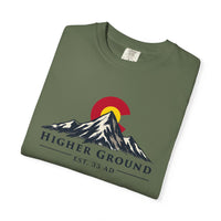 Mountain Faith | Higher Ground — T-Shirt | Colorado Flag Sunset Graphic | Veteran-Owned Small Business | Liberty & Victory Co.