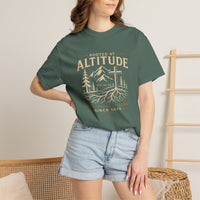 Christian T-Shirt | Rooted at Altitude Faith • Family • Freedom | Cross + Mountain Roots | Wonder & Wander | Signature Line | Veteran-Owned | Liberty & Victory Co.