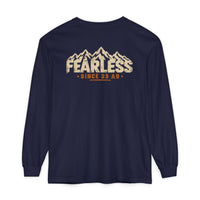 Mountain Faith | Fearless Altitude Since 33 AD — Garment-Dyed Long Sleeve Altitude Cross Graphic | Veteran-Owned Small Business | Liberty & Victory Co.