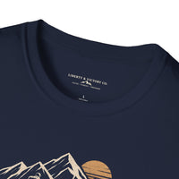Christian | Walk by Faith — T-Shirt 2 Corinthians 5:7 Mountain Hiker Graphic | Veteran-Owned Small Business | Liberty & Victory Co.
