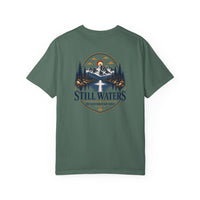 Christian T-Shirt | Still Waters | He Restores My Soul | Psalm 23 | Mountain Lake + Cross | Wonder & Wander | Signature Line | Veteran-Owned | Liberty & Victory Co.
