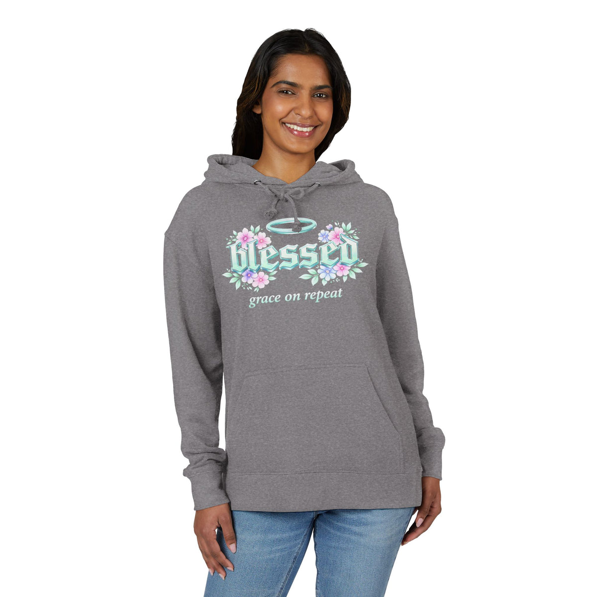 Blessed Hoodie — "Blessed: Grace on Repeat" Floral Christian Pullover