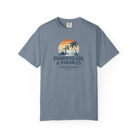 Christian Beach T-Shirt | Parrotheads & Parables Retro Palm Cross Sunset Garment-Dyed Tee | Salt & Salvation | Liberty & Victory