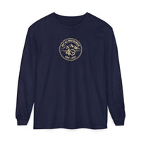 Coastal Faith | Not All Who Wander Are Lost — Garment-Dyed Long Sleeve Tee | Compass + Mountain Badge | Veteran-Owned Small Business | Liberty & Victory Co.