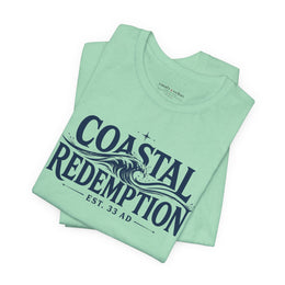 Coastal Faith T-Shirt | Coastal Redemption Est. 33 AD | Nautical Wave Graphic | Signature Line | Veteran-Owned | Liberty & Victory Co.