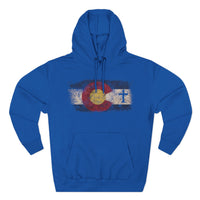 Colorado Flag Hoodie with Rooted Cross – Distressed Three-Panel Fleece Pullover