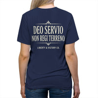 Patriotic Faith T-Shirt | Deo Servio Rejected Stamp Ultra-Premium Tri-Blend Tee | Liberty-In-One | Liberty & Victory