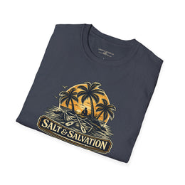 Coastal Faith | Salt & Salvation — T-Shirt Tropical Palm Island Sunset Graphic | Veteran-Owned Small Business | Liberty & Victory Co.