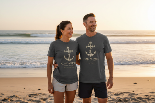 Christian Coastal T-Shirt | Come Ashore Antique Anchor Rope Nautical Faith Tee | Salt & Salvation | Liberty & Victory
