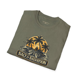 Coastal Faith | Salt & Salvation — T-Shirt Tropical Palm Island Sunset Graphic | Veteran-Owned Small Business | Liberty & Victory Co.