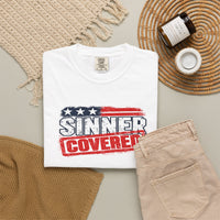 Patriotic Faith | SINNER COVERED — Heritage Garment-Dyed T-Shirt Distressed Americana Flag Faith Declaration | Veteran-Owned Small Business | Liberty & Victory Co.