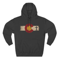 Christian Hoodie | Rooted in Faith | Colorado Flag | Distressed Three-Panel State Logo | Wonder & Wander | Signature Line | Veteran-Owned | Liberty & Victory Co.