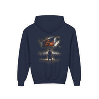 Christian | Stand Firm — Non Nobis Sed Deo Youth Hoodie Front + Back | Veteran-Owned Small Business | Liberty & Victory Co.