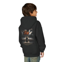 Christian | Stand Firm — Non Nobis Sed Deo Youth Hoodie Front + Back | Veteran-Owned Small Business | Liberty & Victory Co.