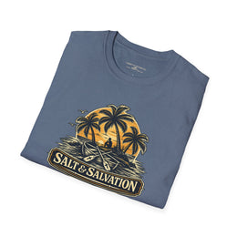 Coastal Faith | Salt & Salvation — T-Shirt Tropical Palm Island Sunset Graphic | Veteran-Owned Small Business | Liberty & Victory Co.