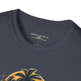Coastal Faith | Salt & Salvation — T-Shirt Tropical Palm Island Sunset Graphic | Veteran-Owned Small Business | Liberty & Victory Co.