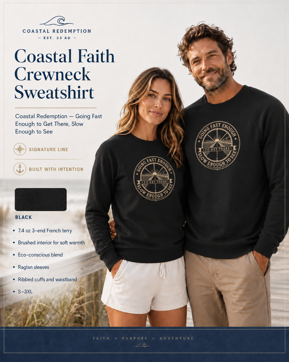 Coastal Faith Crewneck Sweatshirt | Coastal Redemption "Going Fast Enough" French Terry Raglan | Salt & Salvation | Veteran-Owned | Liberty & Victory Co.