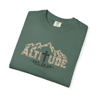 Mountain Faith | Altitude Est. 33 AD — Heritage Garment-Dyed T-Shirt Mountain Cross Graphic | Veteran-Owned Small Business | Liberty & Victory Co.