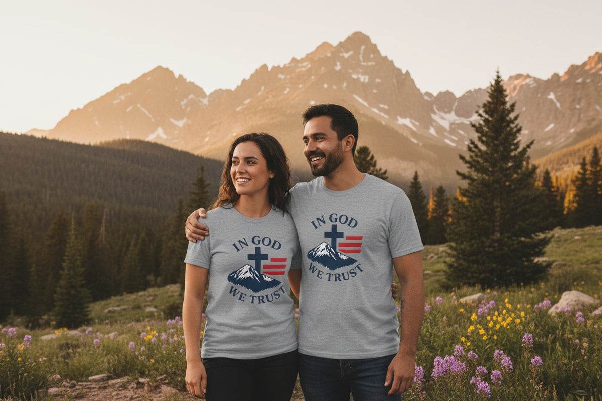 In God We Trust Christian Cross Mountain Tee | Faith Patriotic Shirt