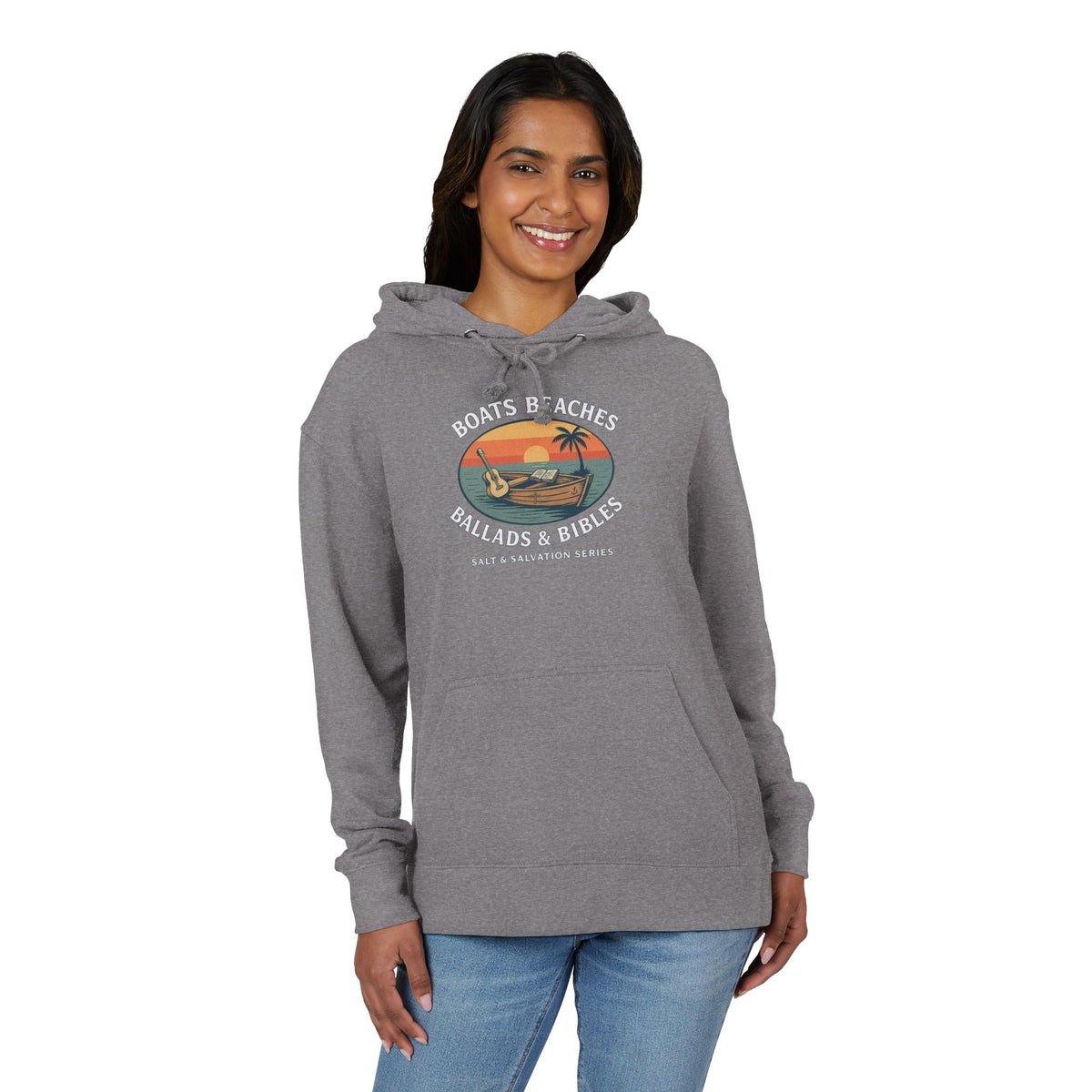 Hoodie - "Boats Beaches Ballads & Bibles" Retro Coastal Pullover