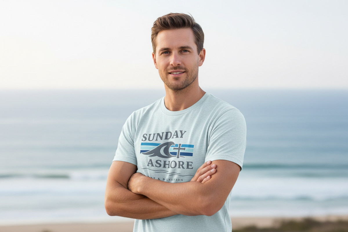 Sunday Ashore Tee - Coastal Surf Wave Graphic T-Shirt