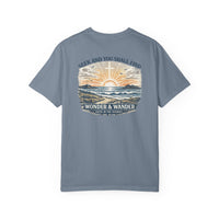 Christian T-Shirt | Seek and You Shall Find Sunrise Compass Garment-Dyed Tee | Wonder & Wander | Liberty & Victory