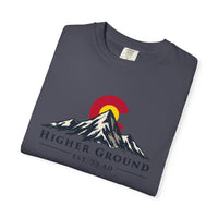 Mountain Faith | Higher Ground — T-Shirt | Colorado Flag Sunset Graphic | Veteran-Owned Small Business | Liberty & Victory Co.