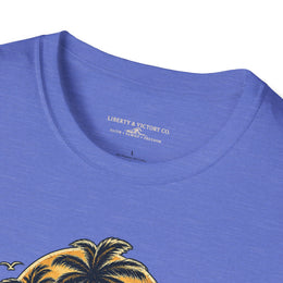 Coastal Faith | Salt & Salvation — T-Shirt Tropical Palm Island Sunset Graphic | Veteran-Owned Small Business | Liberty & Victory Co.