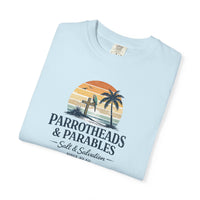 Christian Beach T-Shirt | Parrotheads & Parables Retro Palm Cross Sunset Garment-Dyed Tee | Salt & Salvation | Liberty & Victory