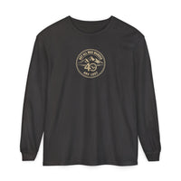 Coastal Faith | Not All Who Wander Are Lost — Garment-Dyed Long Sleeve Tee | Compass + Mountain Badge | Veteran-Owned Small Business | Liberty & Victory Co.
