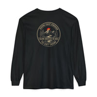 Coastal Faith | Not All Who Wander Are Lost — Garment-Dyed Long Sleeve Tee | Compass + Mountain Badge | Veteran-Owned Small Business | Liberty & Victory Co.