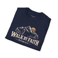 Christian | Walk by Faith — T-Shirt 2 Corinthians 5:7 Mountain Hiker Graphic | Veteran-Owned Small Business | Liberty & Victory Co.