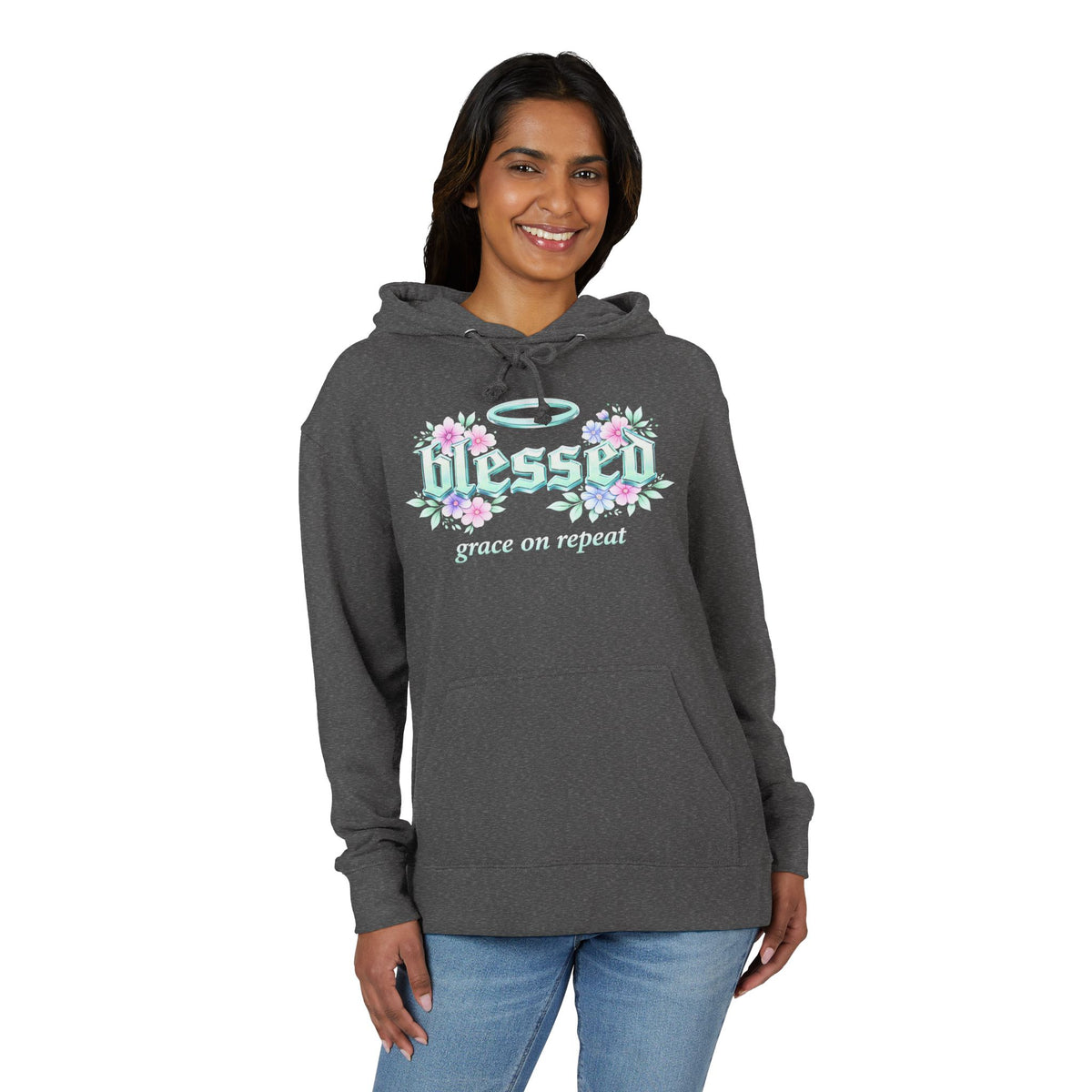 Blessed Hoodie — "Blessed: Grace on Repeat" Floral Christian Pullover