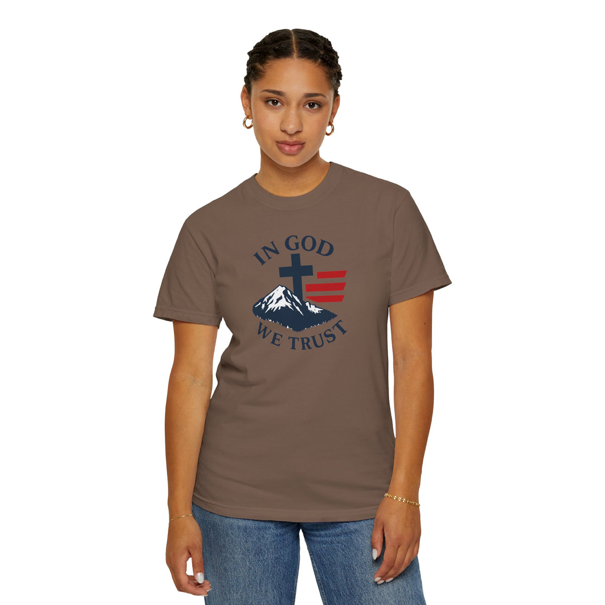 In God We Trust Christian Cross Mountain Tee | Faith Patriotic Shirt