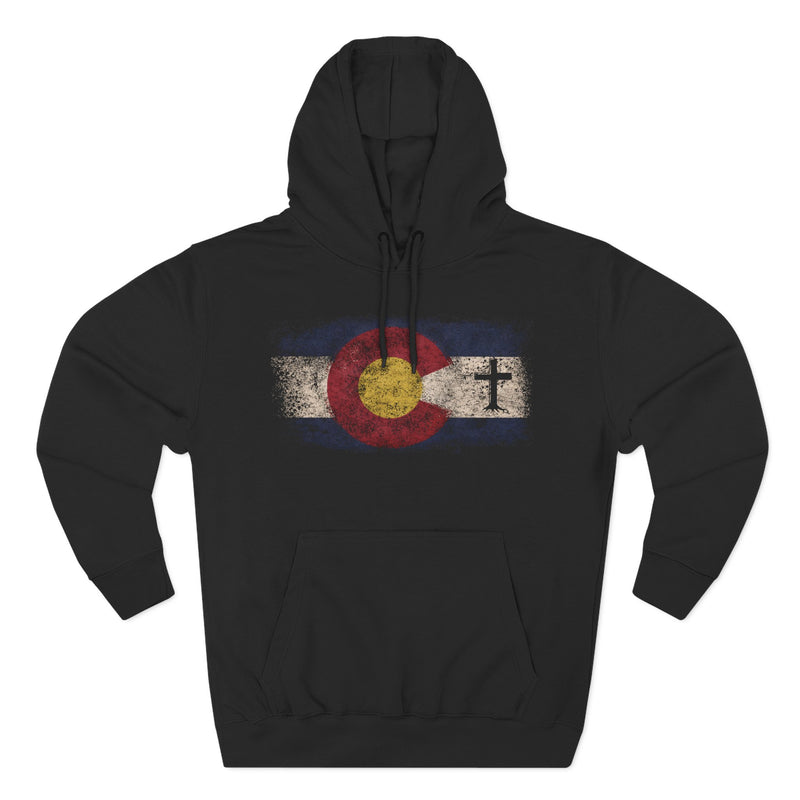 Colorado Flag Hoodie with Rooted Cross – Distressed Three-Panel Fleece Pullover