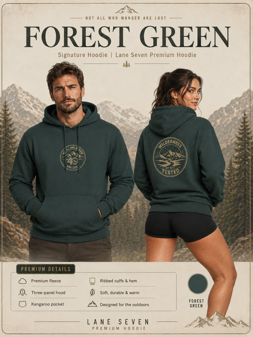 Christian Hoodie | Wilderness Tested | Not All Who Wander Are Lost | Matthew 4:1-2 | Mountain Faith Fleece | Lane Seven Premium | Signature Line | Veteran-Owned | Liberty & Victory Co.