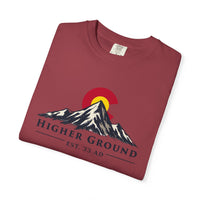 Mountain Faith | Higher Ground — T-Shirt | Colorado Flag Sunset Graphic | Veteran-Owned Small Business | Liberty & Victory Co.