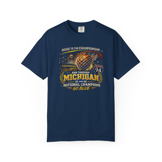 Michigan Wolverines Basketball T-Shirt | Go Blue National Champions Retro Trophy Garment-Dyed Tee | Victory-One | Liberty & Victory