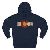 Christian Hoodie | Rooted in Faith | Colorado Flag | Distressed Three-Panel State Logo | Wonder & Wander | Signature Line | Veteran-Owned | Liberty & Victory Co.