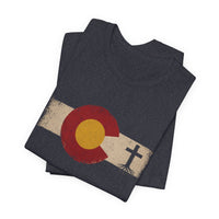 Christian T-Shirt | Colorado Flag Cross | Faith & State Graphic Tee | 1776 Founders Line | Veteran-Owned | Liberty & Victory Co.