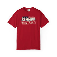 Patriotic Faith | SINNER COVERED — Heritage Garment-Dyed T-Shirt Distressed Americana Flag Faith Declaration | Veteran-Owned Small Business | Liberty & Victory Co.
