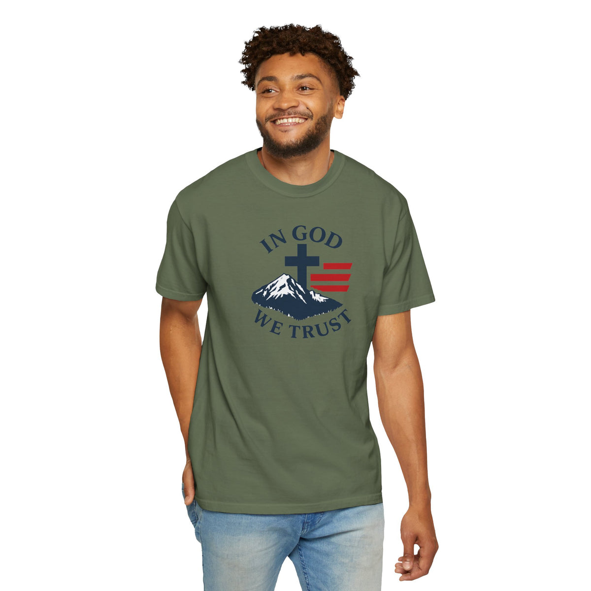 In God We Trust Christian Cross Mountain Tee | Faith Patriotic Shirt