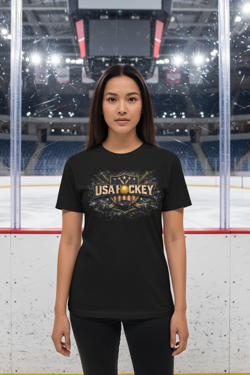 Black t-shirt with Team USA text on a with hockey sticks