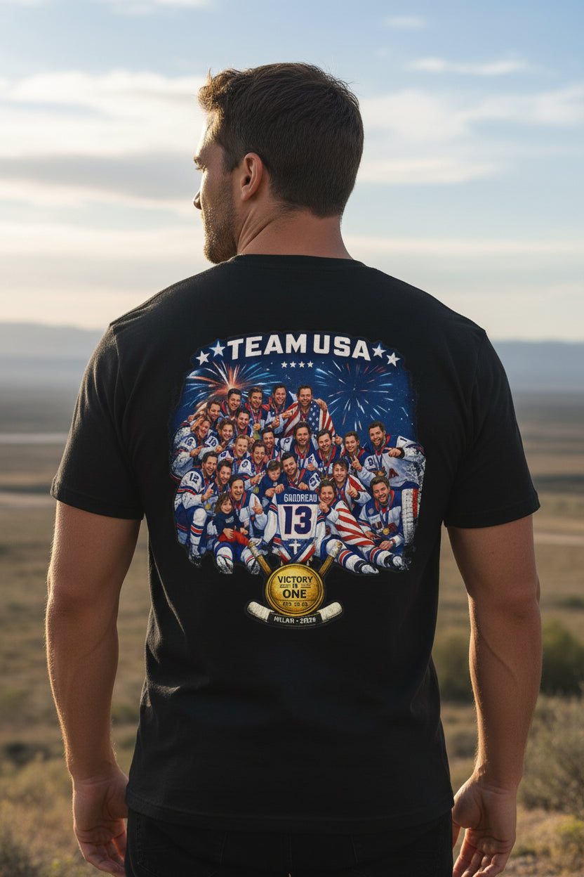 Black t-shirt with Team USA hockey team graphic on a white background