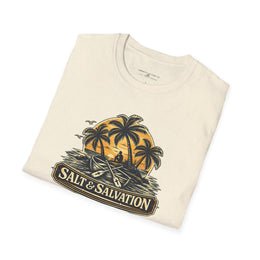 Coastal Faith | Salt & Salvation — T-Shirt Tropical Palm Island Sunset Graphic | Veteran-Owned Small Business | Liberty & Victory Co.