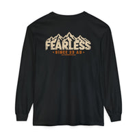 Mountain Faith | Fearless Altitude Since 33 AD — Garment-Dyed Long Sleeve Altitude Cross Graphic | Veteran-Owned Small Business | Liberty & Victory Co.