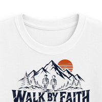 Mountain Faith| Walk by Faith — Two Brothers Youth T-Shirt 2 Corinthians 5:7 Mountain Graphic | Veteran-Owned Small Business | Liberty & Victory Co.